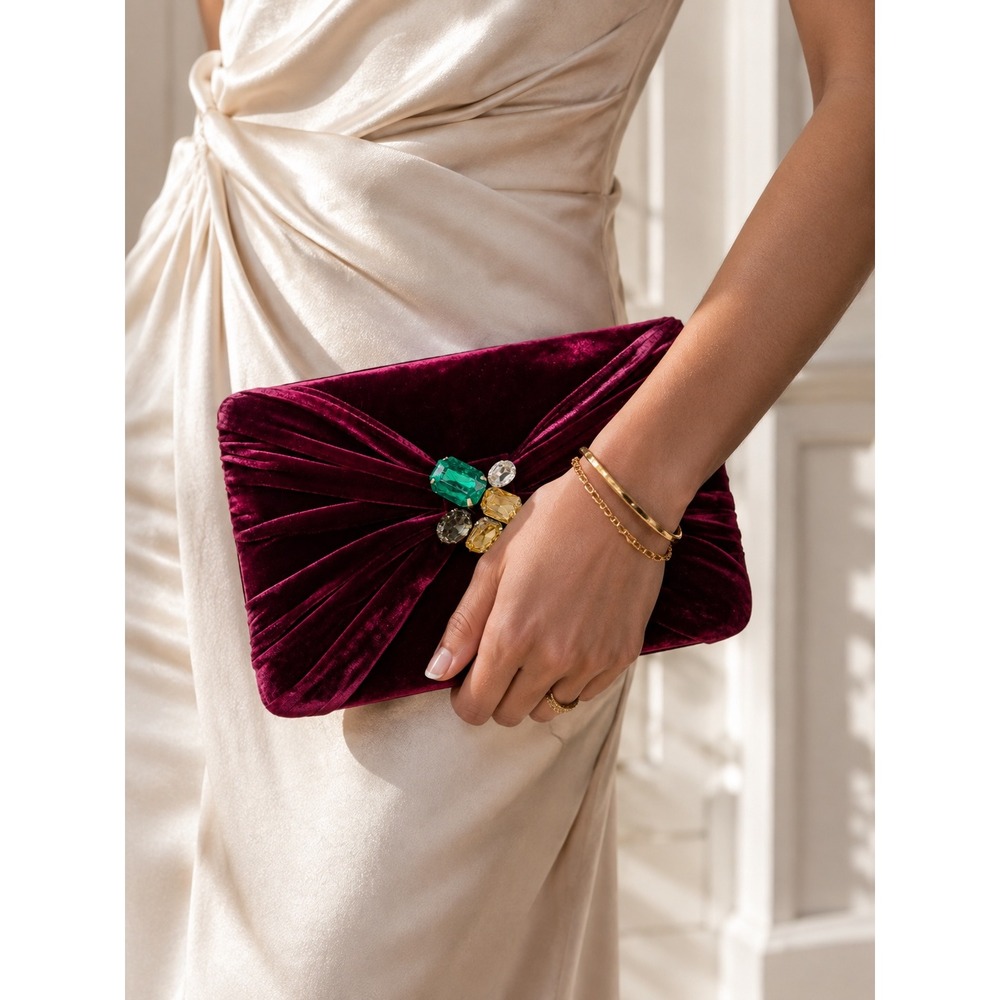 SHIRALEAH Velvet Clutch Bag Gemstones Embellished Evening Wedding Formal Wine
